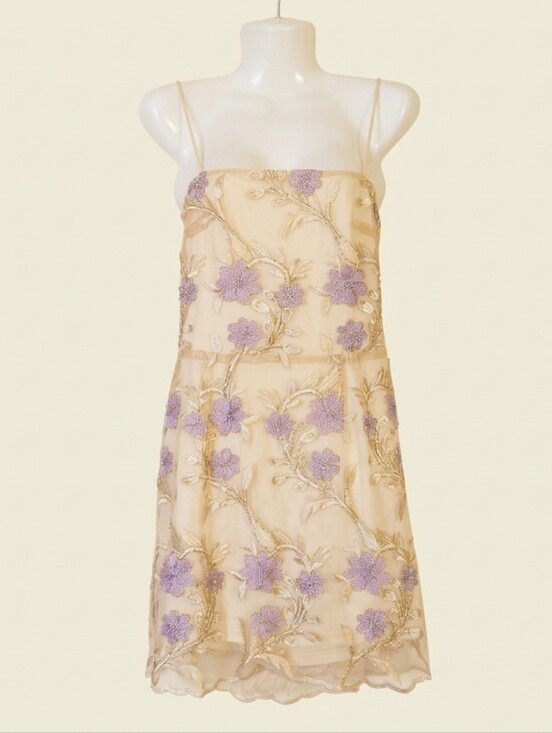 Lucy in the Sky Dresses & Skirts - Lucy in the Sky Amari Gold Beige Lavender Floral Mesh Mini Dress